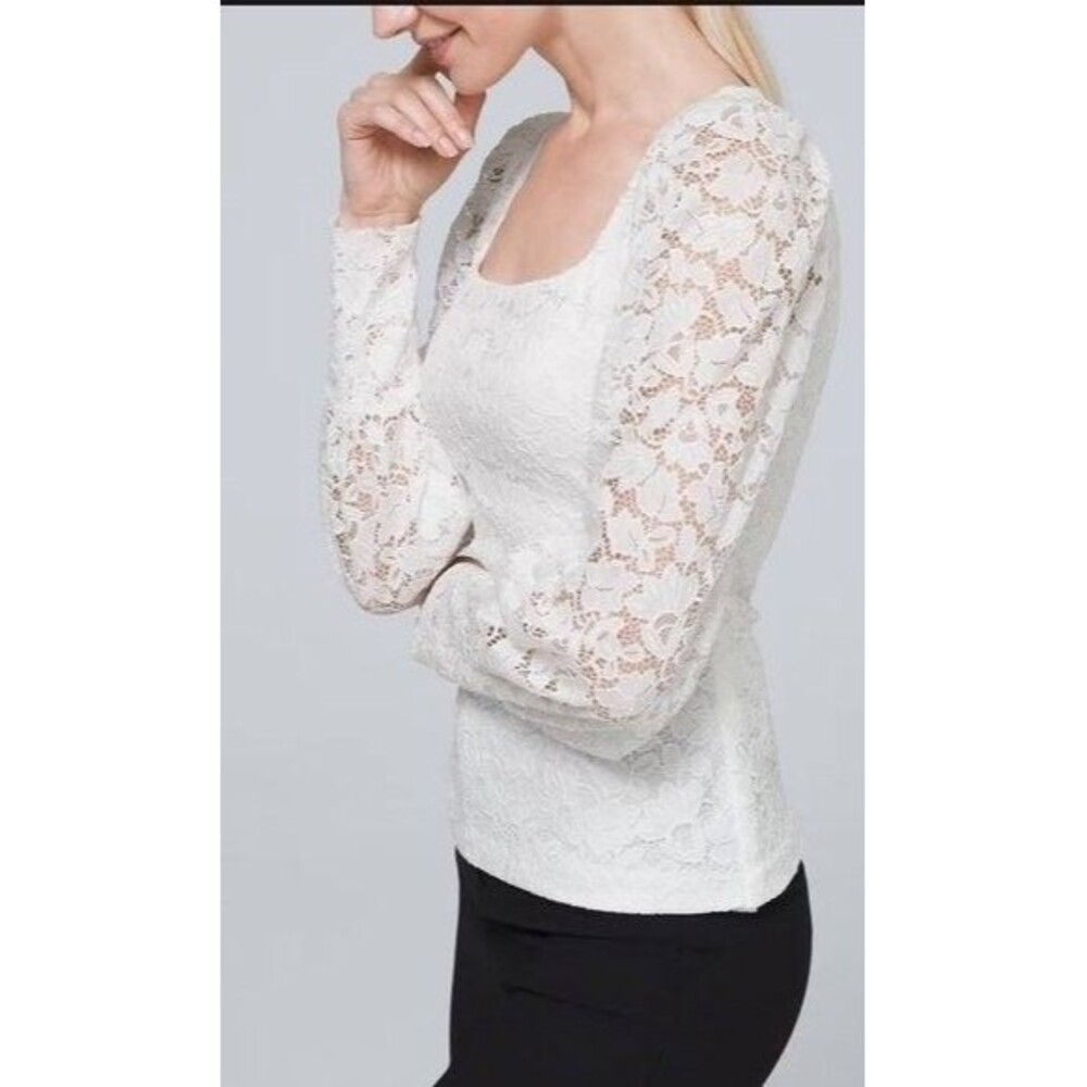 White House Black Market Lace Square-Neck Top Blouse White Floral Shirt Size S